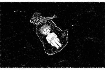 Sketch of a boy boy tied in a bag which is floating in the dark depicting thoughts of death, depression, and misery.