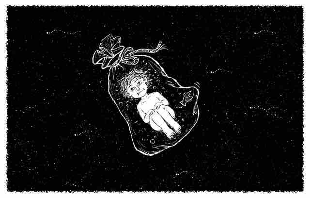 Song about life and death: Sketch of a boy boy tied in a bag which is floating in the dark depicting thoughts of death, depression, and misery.