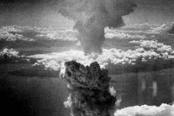 A cloud of smoke produced by atom bomb showing destruction and devastation.