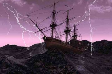 A ship stranded in the sea storm with lightning and thunder.