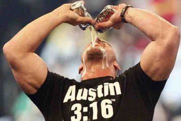 The wrestler Stone Cold Steve Austin or Texas Rattle Snake of WWE drinking beer.