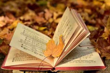 An open book with a leaf in between the pages turning back and forth depicting thoughts about past and current life.