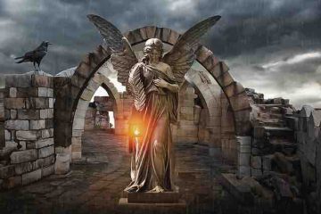 A sad angel standing in the ruins with a lantern in the hand depicting isolation, darkness, destroyed world, and death.