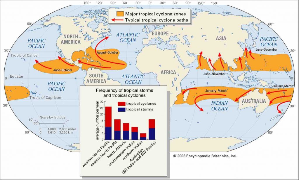 Regions where Tropical Cyclones are formed, time of the year, and direction.