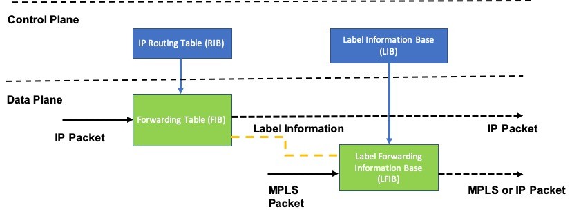 IP and MPLS Packet Operation w.r.t. RIB, FIB, LIB, and LFIB.