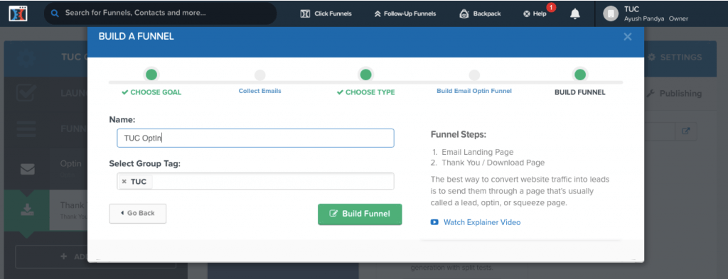 Build collect email funnel select name and group