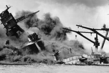 A US battleship sinking after The Pearl Harbor attack