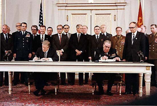 SALT II treaty signing between Jimmy Carter and Leonid Brezhnev during Cold War